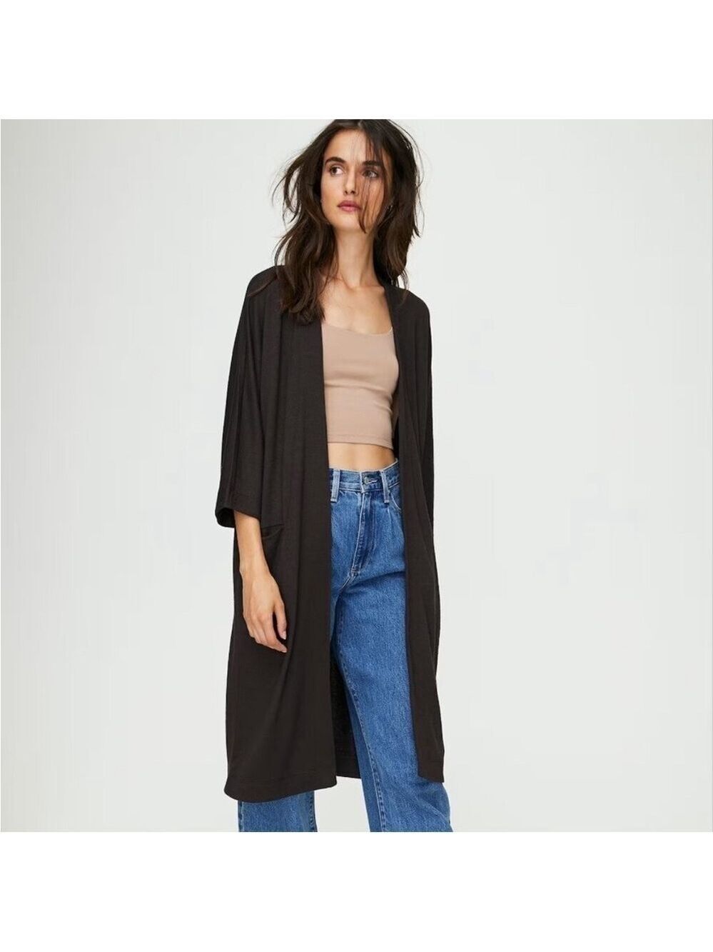 Aritzia Wilfred Free Merino Wool Long Open Duster Cardigan Black Size XXSmall